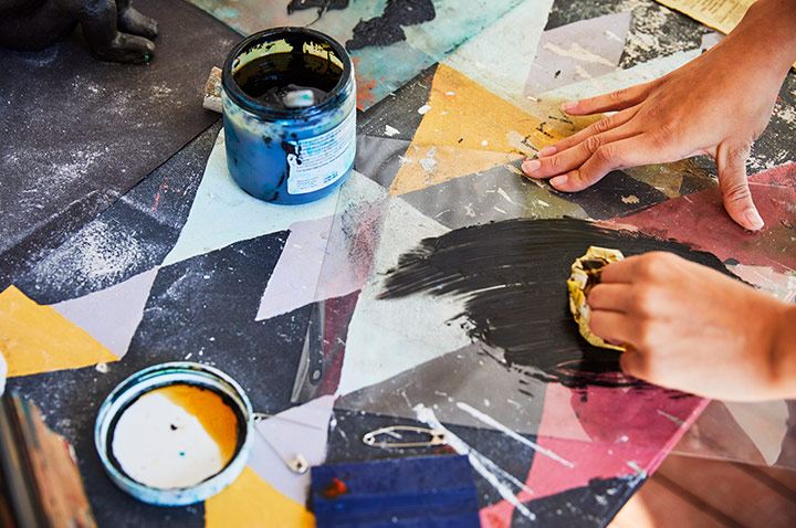 Artistic workspace with paint and tools